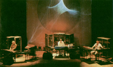 A concert in the Acropolis, Athens, Greece, in 1983 (L to R): Edgar Froese, Chris Franke, Johannes Schmoelling